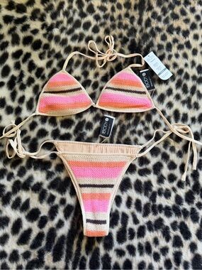 Cotton ON Crochet Stripe Bikini - Pink, Peach & Brown NWT